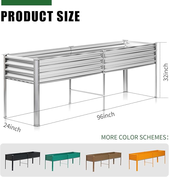 Land Guard Galvanized Raised Garden Bed with Legs, 96×24×32in Raised Garden Beds Outdoor with Drainage Holes, Planter Boxes Outdoor for Backyard, Patio, Balcony, 800lb Capacity, Silver