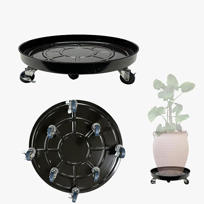 2 Pack Metal Plant Caddy With Wheels 20 Inch Black, Round Rolling Heavy Duty Plant Dolly, Heavy Plant Pot Mover Outdoors or Indoors, The Metal Wheel Can Rotate 360 Degrees or Lockable.