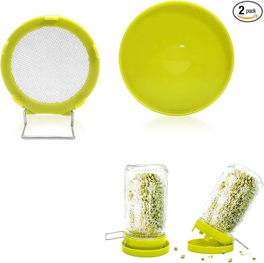 Wide Mouth Mason Jar Sprouting Kit with Sprouting Lids and Drainage Tray - Ideal for Bean, Alfalfa Sprouts and Microgreens, Vertical and Angled Placement Support(Two lids and two drip trays)