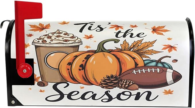 Fall Autumn Maple Leaf Pumpkin Football Magnetic Mailbox Cover MailWraps Garden Yard Home Decor for Outside Oversized-25.5" x20.8"