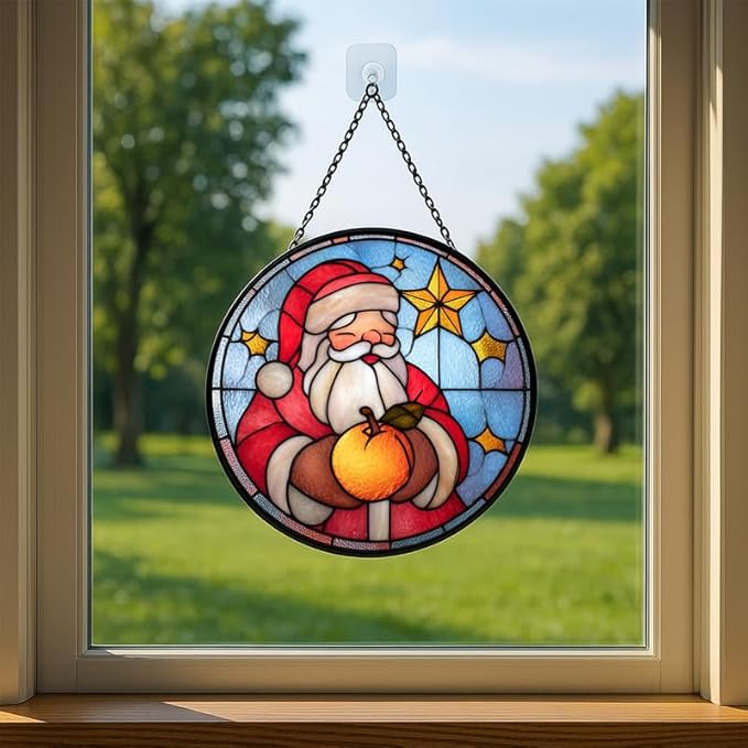 Stained Glass Window Hanging – 9.8 in Santa Claus Panel with Chain， Christmas Bathroom Front Door Living Room Garden Decor for Mom Wife Lovers
