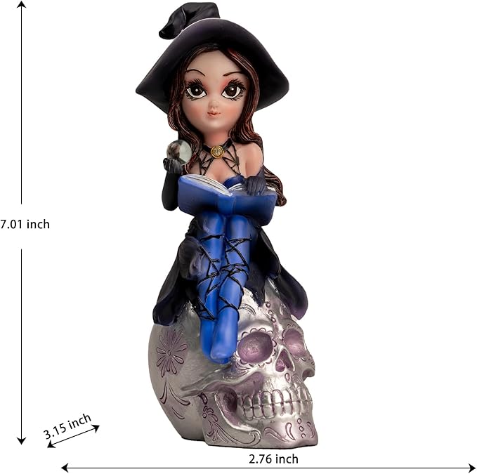 Fairy Figurine Set, Piece Decorative Collectible Statues Blue Witch Statue on Skull - Gothic Home Decor, Halloween Resin Sculpture Mystical Witch Figure with Black Hat & Detailing