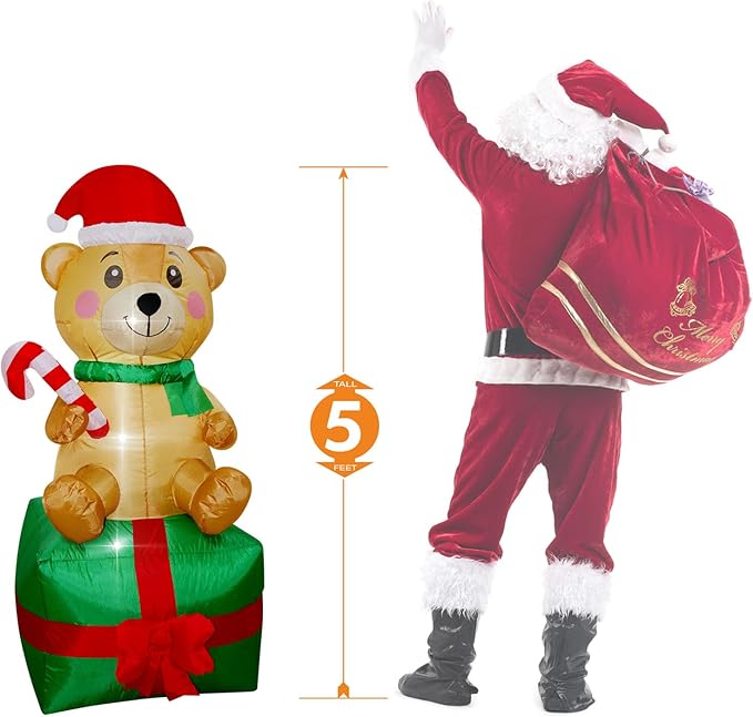 Christmas Inflatables Bear on Gift Box Lighted Yard Lawn Inflatable Decoration with Built-in Fan and Stakes Ropes Holiday Party Decor, Christmas Decor (5FT- Bear on Giftbox)