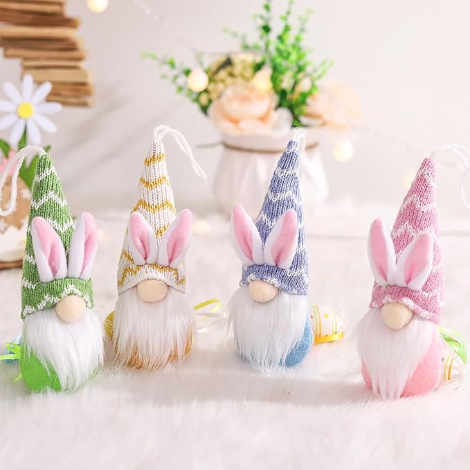 Easter Bunny Gnome Ornaments Set of 4, Faceless Doll Plush Rabbit Gnomes Hanging Ornaments for Easter Tree Decorations, Spring Holiday Home Decor