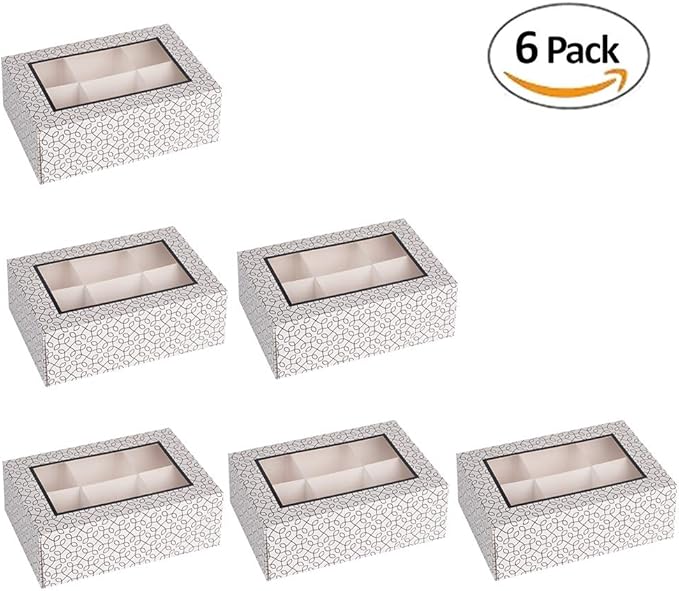 Hammont Window Box with Six Sections - 6 Pack - 7”x5”x2.5” - Black Colored Versatile Bakery Boxes Perfect for Sharing Snacks and Cookies | 6 Insert Sections Gift Boxes