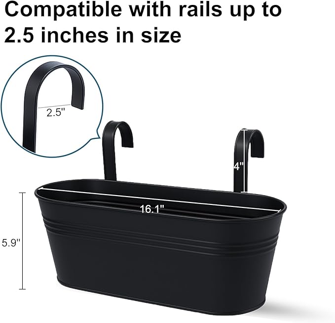 Balcony Planters 16 Inch Railing Hanging Metal Planters with Hooks for Outdoor Plants Flower Boxes for Fence Patio Deck 3 PCS(Black)