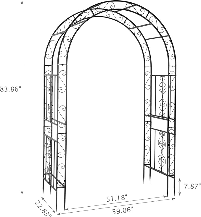 7FT Metal Garden Arch Trellis, Heavy Duty Metal Garden Arbor with Stakes for Climbing Plants Outdoor Patio, Double-Layered Trellis Arch for Wedding Ceremony Party, 59" x 84", Black, 13mm