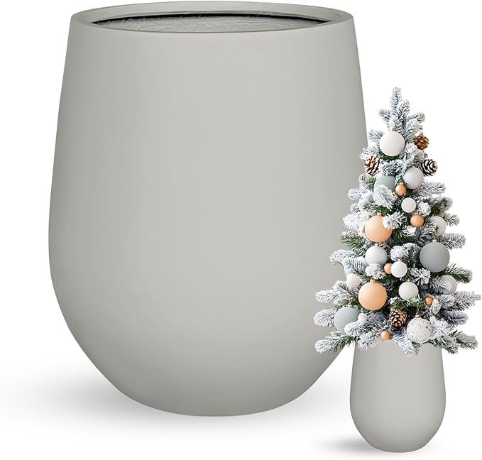 12.5" H x 11.4" D Corso Fiberstone Round Tapered Planter, Christmas Tree Planter, Smooth Finishes, Weather Resistant for Indoor & Outdoor Use, 2 Extra Coco Mats (Light Gray, 9" Pot Opening)