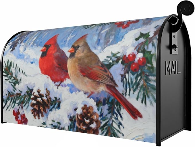 Winter Christmas Cardinal Large Mailbox Covers Magnetic OversizedPinecone Holly Twig Bird Snow Scene Holiday Outdoor Decorative Seasonal Letter Box Cases for Home Garden Outside Decor, 25.5x21 Inch