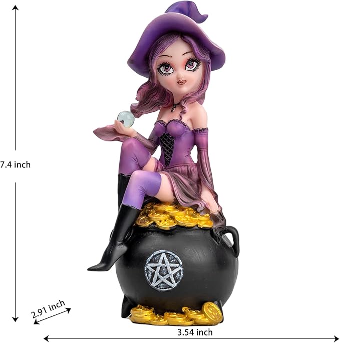 Fairy Figurine Purple Witch Sitting in a Money Can - Holding a Magic Crystal Ball Home Decor Halloween/Christmas Decoration Magician Themed Collectibles Mysterious Divination Gifts
