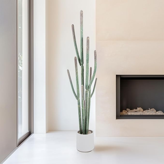 Tall Faux Cactus Plant，62in Realistic Texture Tall Fake Plant, Artificial Cactus Large with White Planter Indoor Outdoor for Home Office Living Room Bedroom Foyer Porch Decor.