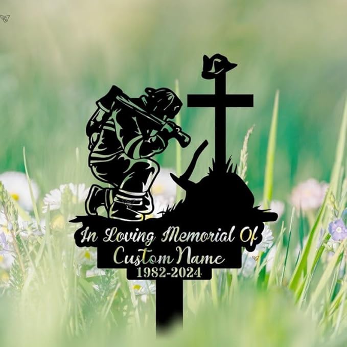 Personalized Fireman Memorial Metal Stake – Custom Firefighter Plaque with Stake, Firefighter Grave Marker, Cemetery Stakes Decor (Fireman Kneeling Memorial)