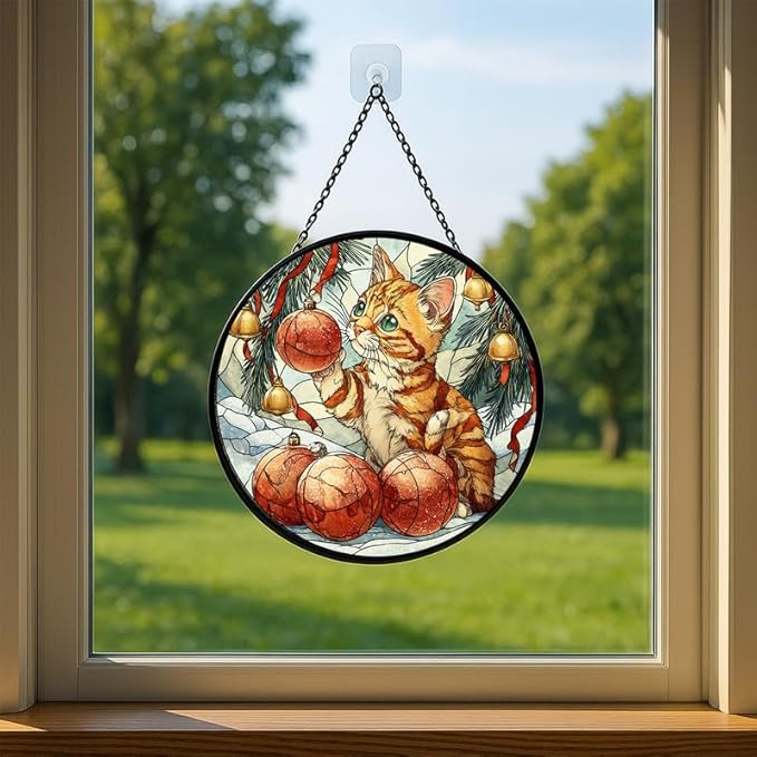 Stained Glass Window Hanging – 6.3 in Kitten with Christmas Ornaments Panel with Chain， Bathroom Front Door Living Room Garden Decor， Gift for Mom Wife Lovers