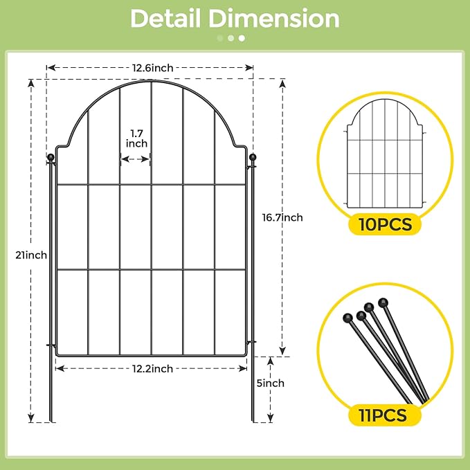 Rustproof Metal Garden Fence - 21in x 20.4ft, Animal Barrier for Dogs, Rabbits, Arched Fencing for Garden Beds, Patio, Outdoor, Landscape