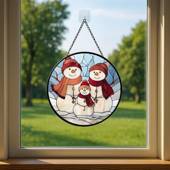 Stained Glass Window Hanging – 6.3 in Snowman Family Panel with Chain， Bathroom Front Door Living Room Garden Winter Holiday Decor， Gift for Mom Wife Lovers