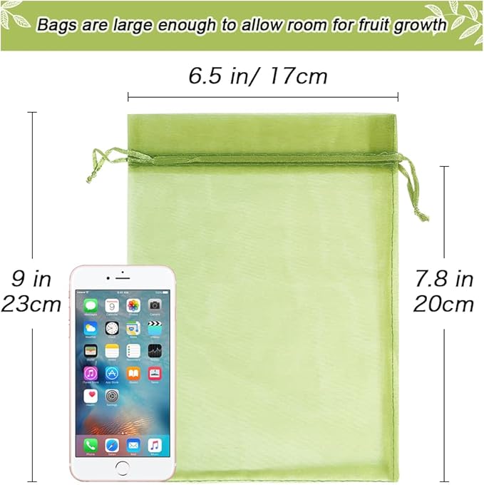 100pcs Fruit Protection Bags 6x9 inch, Green Netting Cover Bags Drawstring Mesh Fruit Protectors Pest Barrier for Tomato Mango Trees Veggies Garden