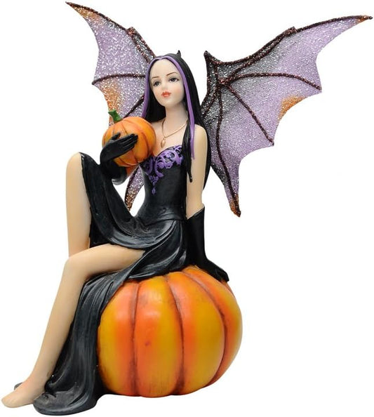 Comfy Hour Fairyland Collection 6” Dark Fairy Witch Holding and Sits on a Pumpkin, Polyresin Figurine, Halloween Theme Gift, Home Decoration and Collectibles