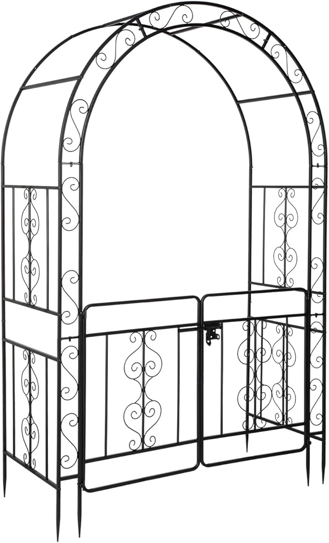 7FT Metal Garden Arch Trellis, Heavy Duty Metal Garden Arbor with Door for Climbing Plants Outdoor Patio, Double-Layered Trellis Arch for Wedding Ceremony Party, 53" x 84", Black, 13mm