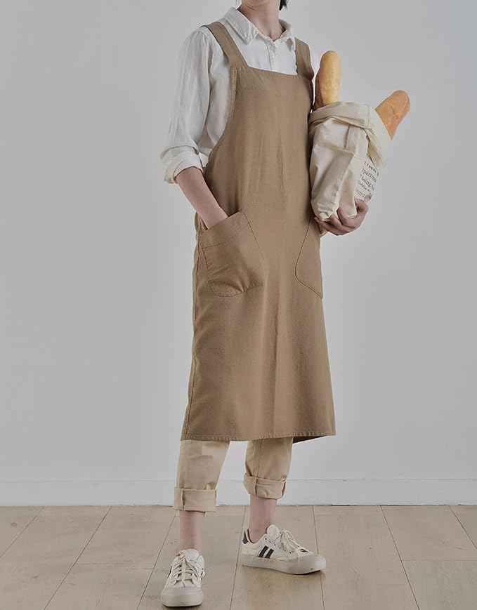 Cotton Linen Apron Cross Back Japanese Smock for Women Cooking With Pockets Pinafore Dress Kitchen Baking Gardening