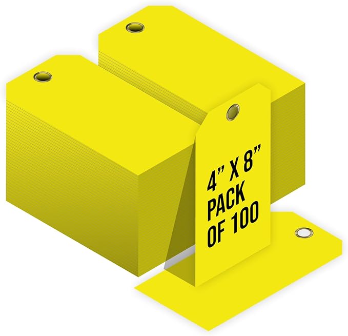 Tags 4 Less 15 Mil Waterproof Plastic Tags, Pack of 100 – 4” x 8” Heavy Duty Plastic Tags for Labeling, Outdoor Tagging, Equipment Labeling, Luggage, Valves & More (Yellow)