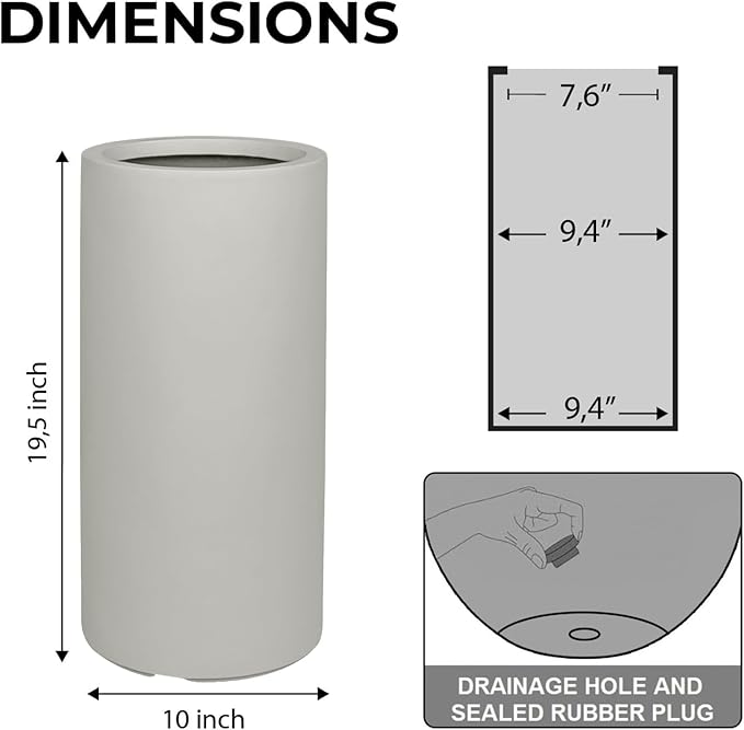 19.5"H x 9.8"D Tubo Fiberstone Cylinder Tall Planter, Christmas Tree Planter, Smooth Finish, Weather Resistant for Indoor & Outdoor Use, 2 Extra Coco Mats (Light Frech Gray,8.2" Pot Opening)