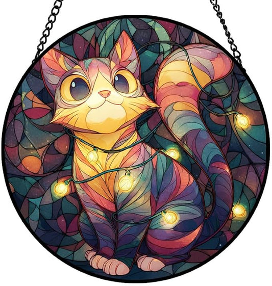 Stained Glass Window Hanging – 9.8 in Cute Cat with Lights Panel with Chain， Bathroom Front Door Living Room Garden Decor， Gift for Mom Wife Lovers