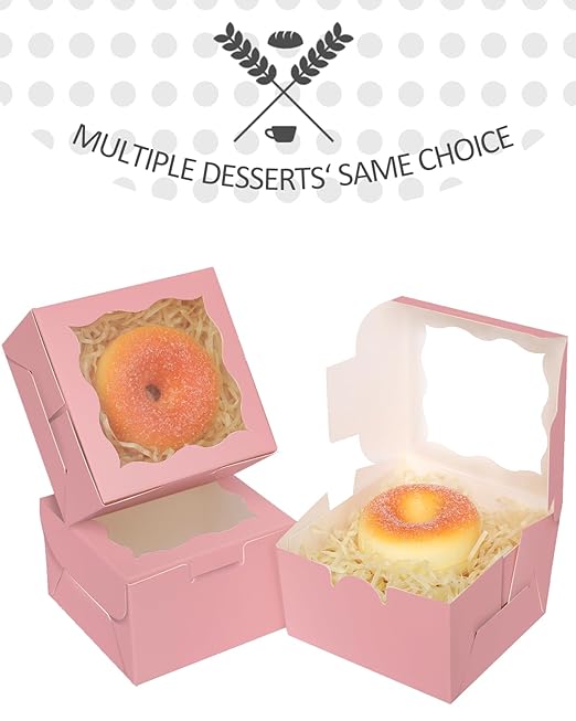 qiqee Pink Bakery Box with Window 4x4x2.5 inch 30Packs Macaron Boxes Small Donut Pastry Boxes for Party Mini Cookie Boxes