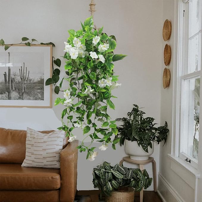 FERIAL Artificial Vines for Decoration with Flowers 2 Pcs Hanging Plants Silk Garland White Morning Glory Vine Artificial Plants Outdoors 15Feet Fake Vine Plants for Wedding Indoor Wall Fence Baskets