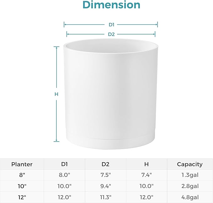 FaithLand 8-Inch Modern Cylinder Planter, Thick-Walled Plastic Plant Pot with Drainage Holes and Detachable Saucer, Matte White, Ideal for Indoor & Outdoor Plants Flowers