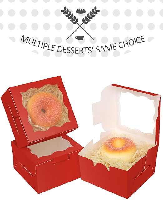 qiqee Red Bakery Box with Window 4x4x2.5 inch 30Packs Macaron Boxes Small Donut Pastry Boxes for Party Mini Cookie Boxes