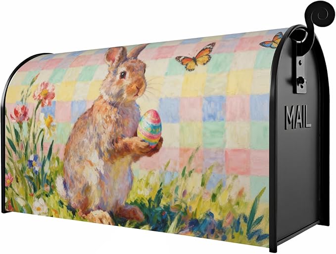 Spring Easter Plaid Mailbox Covers Magnetic Standard Size Bunny Rabbit Floral Flower Butterfly Holiday Outdoor Seasonal Decorative Letter Box Cases for Home Garden Outside Decor, 21x18 Inch