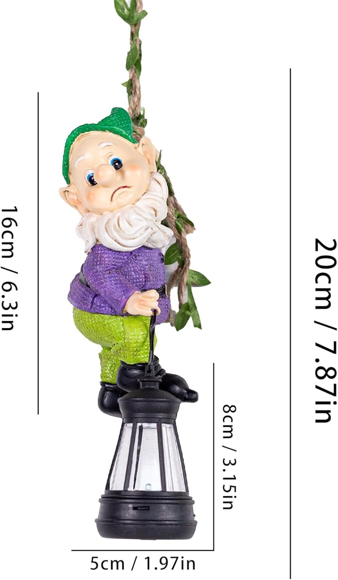 Garden Gnome Solar Lantern Decoration, Outdoor Figurine, Green and Purple, Weather-Resistant Resin