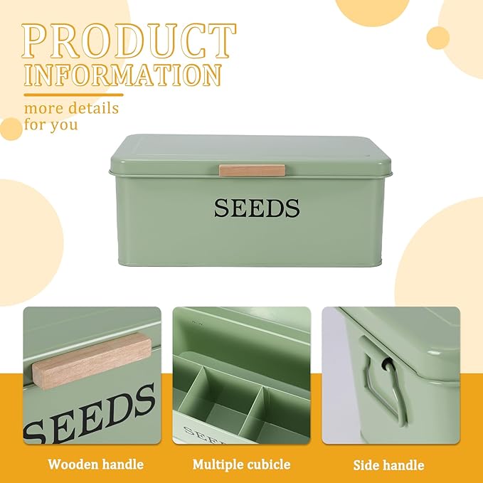 Seed Storage Organizer with 4 Dividers,Metal Seed Saving Box with Lid, Seeds Bin Storage Container Kit with 2 Pens,20 Plant Labels and 50 Seeds Envelopes, Perfect for Flower Plants Garden