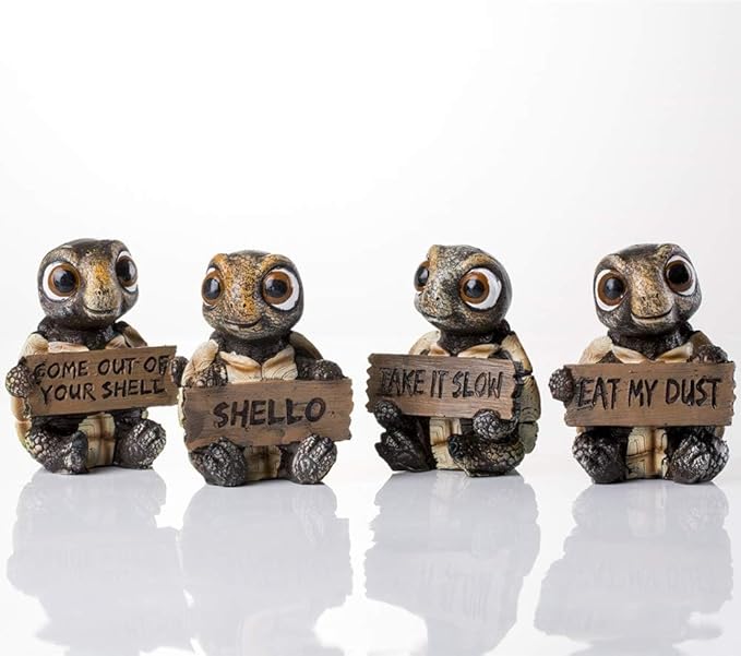 4 Pcs Sea Turtles Statue and Figurines with Funny Signs for Home Decor Gifts