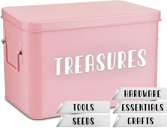 Flexzion Tin Storage Box with Removable Tray, 13 Inch Seed Organizer Box and Metal Seed Holder Organizer with Hinged Lid, Toolbox Container for Crafts, Hardware, Tools, Essentials, Pink
