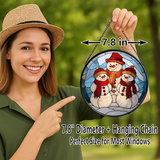 Stained Glass Window Hanging – 7.8 in Snowman Family Panel with Chain， Bathroom Front Door Living Room Garden Winter Holiday Decor， Gift for Mom Wife Lovers