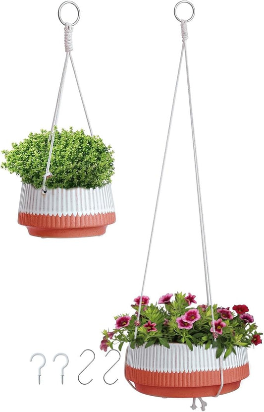 Hanging Ceramic Planters 5.5 + 8.5 Inch Set of 2 with Rope and Hook, Indoor Outdoor Hanging Flower Pots Basket Planter Holder for Home Garden, Aquatic Plants, Without Drainage Hole