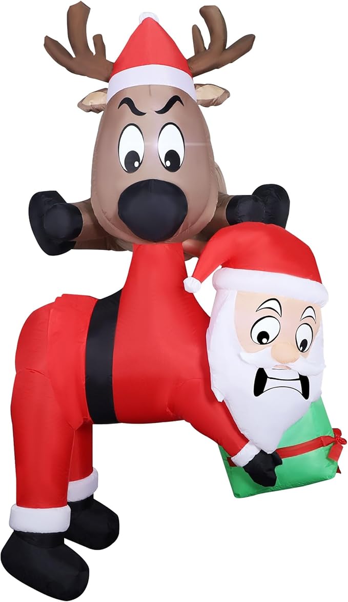 Lulu Home 7.2FT H Christmas Inflatable Decoration, Light Up Air-Blown Reindeer Holding Santa in The Mouth, Xmas Blowups with Storage Bag for Roof Balcony Tree Window Sill Holiday Display