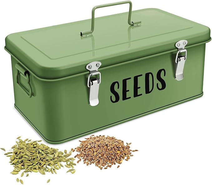 Flexzion Seed Saving Box - Metal Seed Storage Organizer Box with Lid, 4 Spacious Compartments Storage Bin for Garden Tools & More with Safety Locks, Green