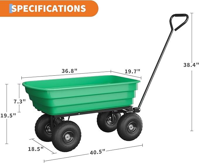 4 Cu.Ft. 600Lbs Garden Cart Dump Wagon, Heavy-Duty 4 Wheel Wheelbarrow Yard Cart with 10-Inch All-Terrain Wheels, Features A Quick-Release Tipping Function, for Courtyards, Farm and Gardening