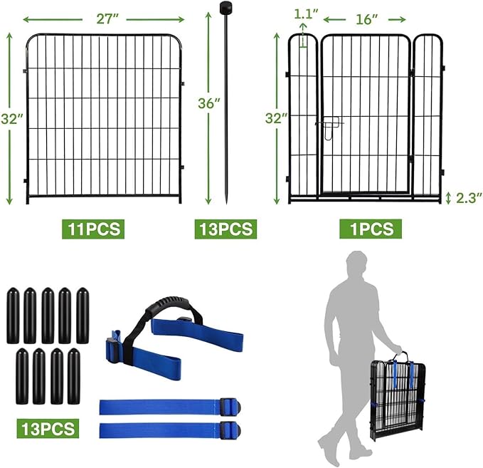 ADAVIN 32 in(H) Garden Fence with Low Threshold Door, 12 Panels Total 26.6 Ft(L) Tall Yard Fence for Dogs, Garden Fences Border, Black Iron Metal Heavy Duty Dog Fencing for Yard or Camping