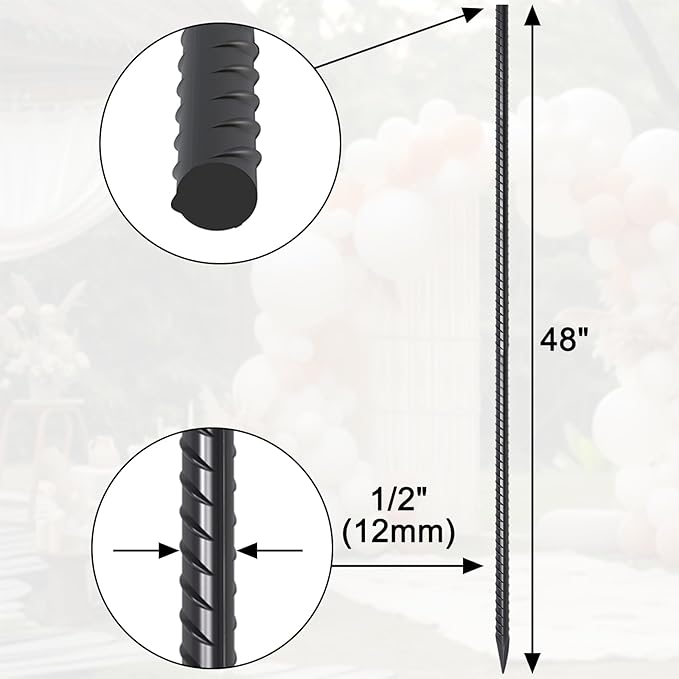 Ground Rebar Stakes 48 Inch 1/2 Inch Diameter Heavy Duty Metal Spikes with Chisel Point End Landscpe Timber Spikes Concrete Stakes for Garden Camping Plant Support, Black Coated (16 Pcs)
