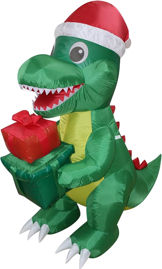 Christmas Inflatables Dinosaur Lighted Yard Lawn Inflatable Decoration with Built-in Fan and Stakes Ropes Holiday Party Decor, Christmas Decor (5FT- Dinosaur Holds Giftbox)