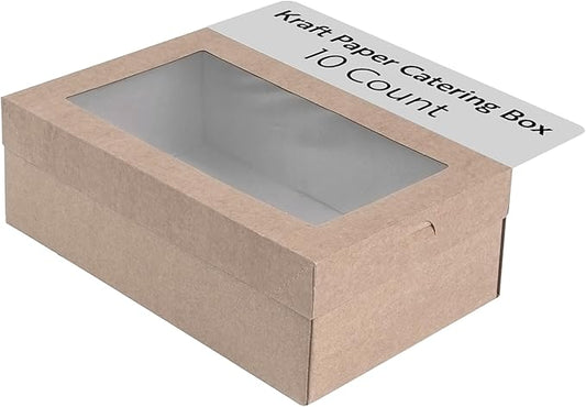 Restaurantware Cater Tek 10.2 x 6.1 x 3.2 Inch Catering Boxes 10 Insert Tab Lock Baked Goods Boxes - Window Lids Easy Assembly Kraft Paper Window Pastry Boxes For Charcuterie Or Cupcakes