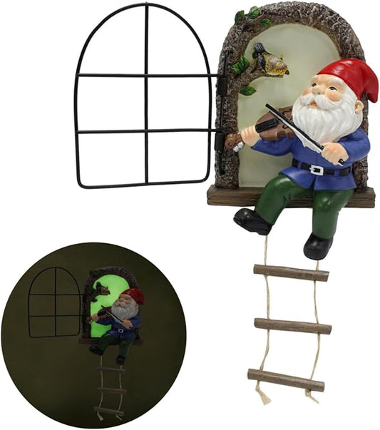 Garden Gnome Window Statue for Trees and Wall, Dwarf Playing Violin Luminous Fairy Garden Miniature Accessories, Glow in The Dark Art Sculpture