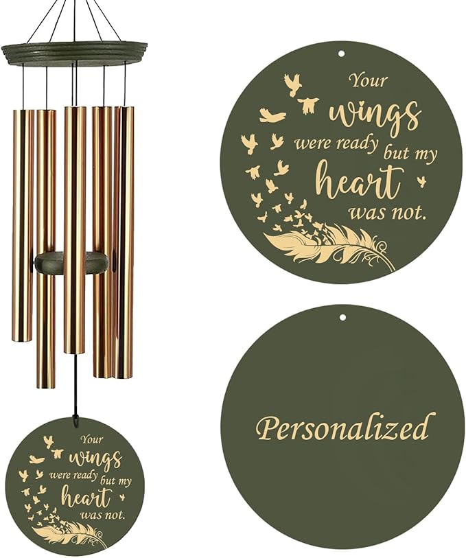 Sympathy Wind Chimes, Personalized Memorial Wind Chimes for Loss of Loved Ones, Feather Heaven Sympathy Gifts, Deep Tone Wind Chime for Condolences/Funeral 36inch (Produced in USA)