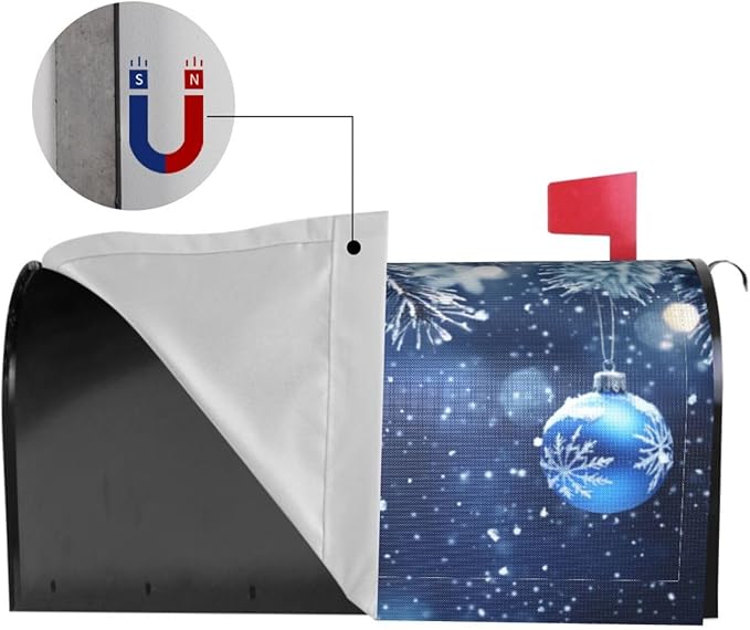 Festive Magnetic Mailbox Cover Blue Ball Christmas Pattern Outdoor Mailbox Protector Holiday Seasonal Decorative Garden Yard Home Large Size 25.5 x 21 Inch