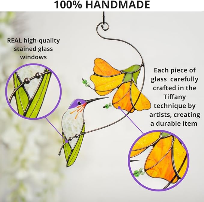 Multicolor Hummingbird Handmade Stained Glass Suncatcher Genuine Stained Glass Window Hangings Unique Indoor Ornament & Outdoor Decor (Hummingbird with Hibiscus)