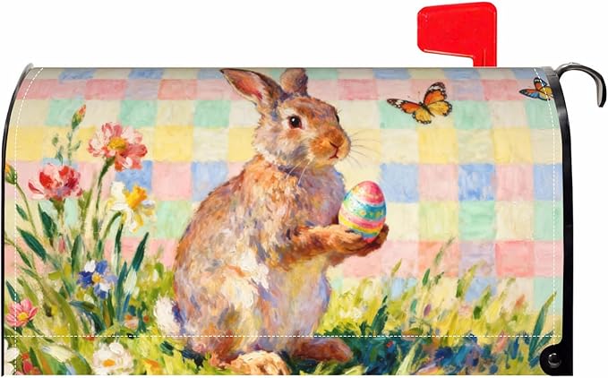 Spring Easter Plaid Mailbox Covers Magnetic Standard Size Bunny Rabbit Floral Flower Butterfly Holiday Outdoor Seasonal Decorative Letter Box Cases for Home Garden Outside Decor, 21x18 Inch