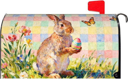 Spring Easter Plaid Large Mailbox Covers Magnetic Oversized Bunny Rabbit Floral Flower Butterfly Holiday Outdoor Seasonal Decorative Letter Box Cases for Home Garden Outside Decor, 25.5x21 Inch